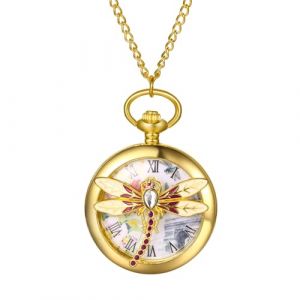 JewelryWe Montre Gousset Femme Fantaisie: Montre de Poche &agrave; Quartz Vintage Dor&eacute;e avec Pendentif Libellule en Diamant Color&eacute; Index Chiffres Romain Collier Montre Clapet Creux - Cadeau Anniversaire (JewelryWe Bijoux, neuf)