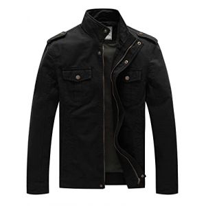 WenVen Homme Veste d'Extérieur en Coton Vestes Classique Manteau Casual Léger Veste Cargo de Style Militaire Blouson d'Extérieur Décontracté Noir L (C'est la vie, neuf)