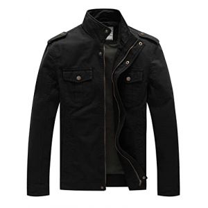 WenVen Homme Veste d'Extérieur en Coton Vestes Classique Manteau Casual Léger Veste Cargo de Style Militaire Blouson d'Extérieur Décontracté Noir 9929 L (C'est la vie, neuf)