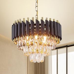 Lustres modernes en cristal 15.7 "noir et or Lustre en cristal pendentif Lustre 3-Tier Crystal Flush Mount Plafonnier Lustres pour Ma&icirc;tre Chambre Salon Table &agrave; manger (YangFan-Lights, neuf)