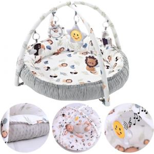 Olmitos - Tapis d'activit&eacute;s multifonctionnel et &eacute;volutif avec arcs lion, couverture de jeux, jouets suspendus et musique - Stimule le d&eacute;veloppement moteur et sensoriel du b&eacute;b&eacute; (Babymania, neuf)