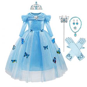 MYRISAM Robe de Cendrillon avec Accessoires Papillon Déguisements Filles Princesse Costume de Carnaval Halloween Cosplay Noël Robe de Soirée Cérémonie Anniversaire Photographie Bal 9-10 Ans (MYRISAM store, neuf)
