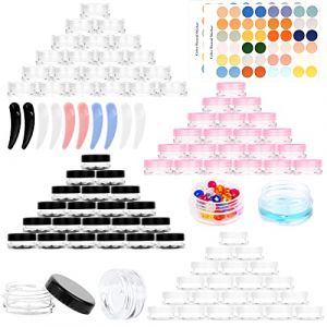 RUIJIE 100 Pcs 3g/3ml Contenants Cosm&eacute;tiques Transparent avec 10 Spatule & 96 Autocollants, Pots Cosm&eacute;tiques en Plastique, Mini Pots Ronds Clairs Vides Pots d'&eacute;chantillons de Voyage pour Lotion, Cr&egrave;me (CHINGUEZ COMPRA S.L., neuf)