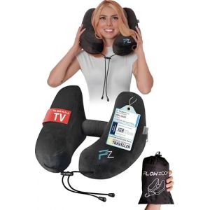 FLOWZOOM Air Coussin de Voyage Gonflable pour Avion et Voiture – Tour de Cou pour Avion Réglable avec 5 Positions de Sommeil, Gonflage Rapide, Capuche Amovible, Housse en Peluche – Taille M, Noir (FLOWZOOM, neuf)