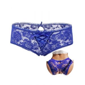 comeondear String Ouvert Femme Sexy Hot sous-vêtements Grande Taille Tanga Lingerie Érotique Dentelle Culotte Fendue Shorty Noir Slip Stretch(Bleu,3XL-4XL) (ComeonDear, neuf)