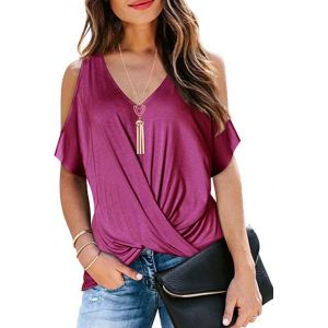 Tee Shirt Femme Ete Manche Courte Chic et Élégant Couleur Pure Sexy Blouse Épaules Dénudées Manche Chauve Souris Torsion Avant Ample Top Fuchsia S (Ranphee Store, neuf)