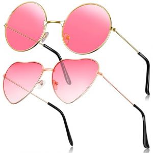 Fiada 2 Paires Lunettes de Soleil Hippies Lunettes de Soleil Rétro Lunettes de Soleil Vintage Lunettes de Soleil Rondes et Forme de Cœur pour Déguisement Costume Hommes Femmes (Rose) (Bofullzok, neuf)