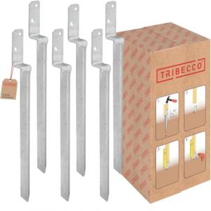 TRIBECCO Douille de sol à enfoncer en forme de L pour poteaux en bois carrés. Dimensions : 40 x 530 mm. Support de poteau en L à enfoncer dans le sol. Chaussure de support universelle en L en acier (TRIBECCO, neuf)