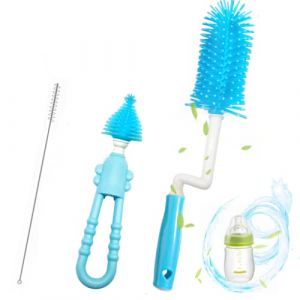 Goupillon Biberon 3pcs Nettoyage Silicone Biberon Brosse Tétine Nettoyage Brosse Rotatif - Anti-Rayures/Seche Vite (Bleu) (Tming-Ecommerce, neuf)