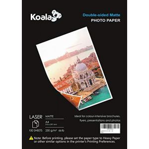 KOALA Papier Photo Double Face Mat pour imprimante LASER, A4, 250 g/m², 100 feuilles. Convient pour l'impression de Photos, Brochures, Certificats, Livrets, Flyers, Dépliants, Calendriers, Cartes (NASAHI LTD, neuf)