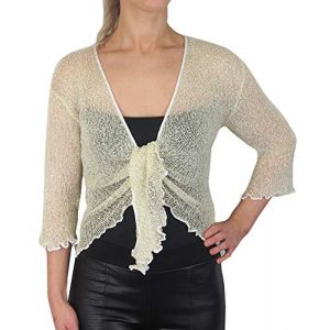 Mimosa Boléro au crochet pour femme à paillettes ou uni en dentelle super extensible avec filet de poisson à nouer à la taille Boléro Cardigan ouvert pour UK 6-28 Blanc/Or (Evoque, neuf)
