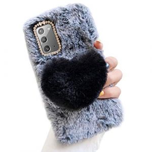 Jorisa Doux Peluche Coque pour Samsung Galaxy A40,Mignonne Lapin Fourrure Duveteux Poilu 3D Amour Coeur Hiver Chaud &Eacute;tui Bling Brillant Diamant Strass Souple Silicone Housse,Gris + Noir (JorisaEU, neuf)