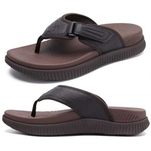 KuaiLu Tongs Cuir Hommes Recovery Marche Sandales Orth&egrave;se Coussin Athl&eacute;tique &eacute;pais Sport Sliders pour Homme Ext&eacute;rieur &eacute;t&eacute; Plage Sandals avec Confortable Fasciite Plantaire Soutien de Vo&ucirc;te,45 Marron (KUAILU-YSA, neuf)