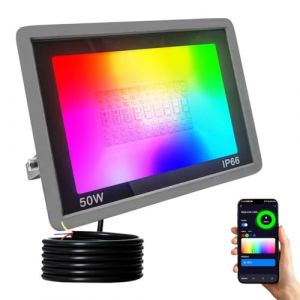 JBdusn 50W Projecteur LED RGB d'extérieur, Projecteur Intelligent RGBCW Couleur avec Contrôle par Application Bluetooth, Spot LED d'extérieur à changement de couleur et intensité variable (Yixi Lighting, neuf)