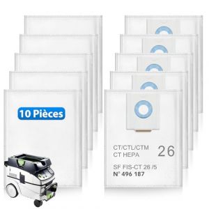 ZQZiQi 10 Sac filtrants compatible avec Festool CT 26 / CTM 26 E/CTL 26 E Aspirateur, 496187 Sac Aspirateur pour Festool SC FIS-CT 26/5, Jetables et Grande Capacit&eacute; (LGZIQI, neuf)