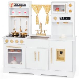 COSTWAY Cuisine Enfant avec Lumière & Effet Sonore, Cuisiniere Enfant avec Rideau & Cafetière, Distributeur d'eau, Espace de Rangement, Jeu de Cuisine pour Garçons Filles de 3 Ans+ (FDS GmbH, neuf)