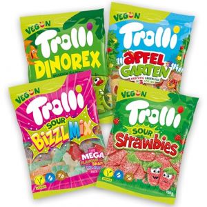 Trolli Bonbons Vegans – Lot de 4 sachets (4×150 g) – Sour Strawbies, Dino Rex, Jardin de Pommes & Bizzl Mix – gélifiés acides, sans gluten, sans lactose, sans gélatine – Mix box (Natur und Gesund, neuf)