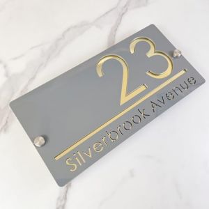 Plaque de numéro de maison en plein air, design suspendu plaque de numéro de maison personnalisée, plaque de nom de rue 3D découpée au laser acrylique moderne (gris et or) (home decoration art, neuf)