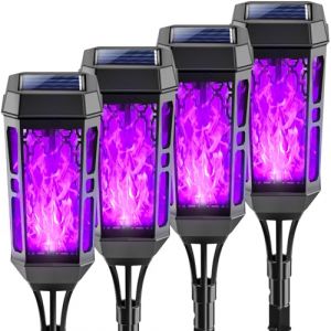 Joltix Lampes Solaires Jardin Ext&eacute;rieur, Violet 4 Packs 12 LED Lumi&egrave;re Flamme Solaire Vacillante, Torches Jardin pour Decoration Halloween, IPX4 Etanche Lanterne Exterieur pour D&eacute;cor Patio,Chemins (MICHAEHANG, neuf)