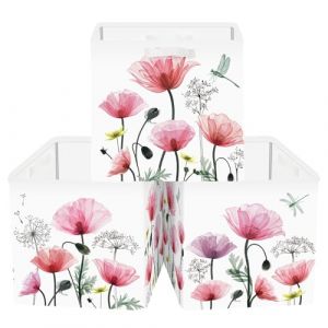 Clastyle Lot de 3 Boite Rangement Tissu Fleurs Sauvages Cube de Rangement Pliable Femmes Panier Kallax pour Salle de Bain,Pavot Rouge,30x30x30 cm (Changtian_Im&Ex, neuf)