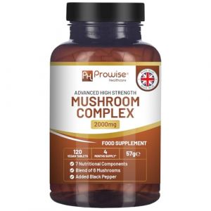 Complexe de champignons avancé 2000 mg - 120 comprimés végétaliens | Un super mélange de 6 champignons avec crinière de lion, chaga, cordyceps, shiitake, reishi et maitake avec poivre noir (PROWISE HEALTHCARE, neuf)