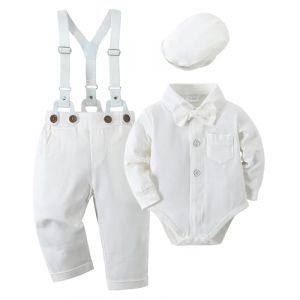 Amissz Tenue Bébé Garçon pour Bébés Costume Bapteme, Vêtement Mariage Bebe Chemise + Bretelle + Chapeau Gentleman Ensemble Blanc 12-18 Mois (Amissz-EU, neuf)