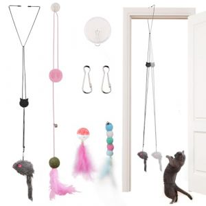 Jouet interactif pour chat avec plume et clochette, 4 pi&egrave;ces - Jouet pour chat - Cadre de porte suspendu avec souris jouet - Plumes - Clochette - Herbe &agrave; chat pour petits grands chats (Zhenle Fishing Tackle Company, neuf)