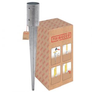 TRIBECCO Douille de sol &agrave; enfoncer galvanis&eacute;e &agrave; chaud - Support de poteau rond - Douille de sol - Ancrage au sol en acier argent&eacute; (fi 81 mm/650 mm) (TRIBECCO, neuf)