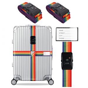 Veki Ensemble de Sangle de Bagage Croisées Approuvées TSA avec Verrou Ceintures de Valise de Voyage Réglables avec Carte d'identification et Sangles de Rangement pour Valises (Coloré, 2 pièce) (Agenan, neuf)