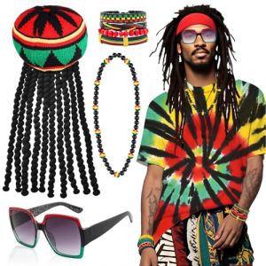 Saier tbo 5 Pièces Set Accessoires de Déguisement Rasta, Kit Costume Reggae Jamaïcaine avec Dreadlocks Perruque Gilet Tie-dye Lunettes Collier Bracelet Tressé pour Homme Femme Carnaval Cosplay Fête (Qi ShiPengDeshop, neuf)