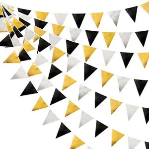 pinkblume 32Ft D&eacute;coration de f&ecirc;te Noir Or Argent Tissu Triangle Fanions Banni&egrave;re Drapeau Guirlande de banderoles en Coton pour Anniversaire Bapteme Fian&ccedil;ailles Mariage dipl&ocirc;m&eacute; Retraite de f&ecirc;te Decor (MZY Co., Ltd, neuf)