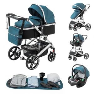 Zkiprm Système de voyage 3 en 1 pour poussette, landau et siège auto, poussette avec poignée réglable en hauteur, poussette pour bébé avec moustiquaire, landau de voyage avec cadre en aluminium pour (Zkiprm, neuf)