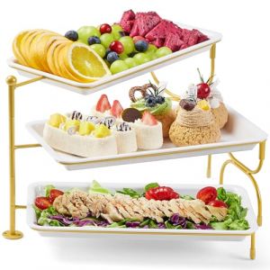 Lifewit Plateau de Service avec 3 Plats, Plateau Repas Amovible, Grand Plateau Plastique Rectangulaire 30 × 17cm, Presentoir Aperitif Buffet, Présentoir à Gâteaux, Panier Fruits, Support en Métal Doré (Lifewit Home FR, neuf)