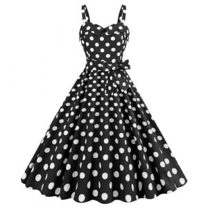 Robe Ann&eacute;e 60 Femme Sexy Col V sans Manche Retro Robe Style 1950's Audrey Hepburn Rockabilly Elegante Polka Dot Trap&egrave;ze Vintage Robes Swing Robe De Bal F&ecirc;te C&eacute;r&eacute;monie Mi Longue (01 Noir, XXL) (Minenany, neuf)