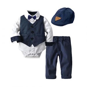 Volunboy Ensemble Costume B&eacute;b&eacute; Gar&ccedil;on Gentilhomme, Costumes Mariage Gilet Chemise Pantalon avec Noeud Papillon(9-12 mois,Marine Blanc,Taille 70) (Volunboy, neuf)