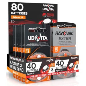 80 Piles pour appareils auditifs Taille 13 PR48 (Orange) 10 Blister de 8 Piles Technologie Sound Fusion - 80 Piles : 40 Rayovac + 40 Udivita (Eurocali, neuf)