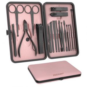 ZIZZON Kit de manucure et pédicure 18 en 1 avec étui de voyage en cuir (noir/rose) (ZIZZON-Europe, neuf)
