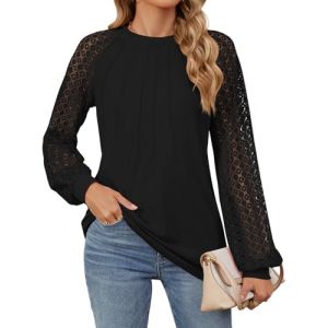 Chemisier Femme Chic et &Eacute;l&eacute;gant Pull Femme Haut Dentelle Tee Shirt Manche Longue Tunique Femme Blouse Casual Tops (Noir,S) (FPFEU, neuf)