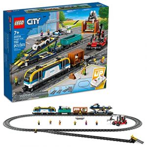 LEGO City Freight Train Set 60336 Jouet t&eacute;l&eacute;command&eacute; pour enfants &agrave; partir de 7 ans avec sons, 2 wagons, transporteur de voiture, 33 pi&egrave;ces de voie et 2 jouets de voiture EV (cavernedesjouets, neuf)