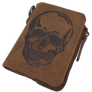 myledershop Portefeuille en cuir de buffle avec motif t&ecirc;te de mort et protection RFID et NFC, Motif t&ecirc;te de mort / cognac, Taille unique, R&eacute;tro (myledershop, neuf)