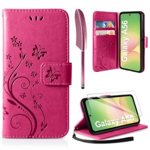 AROYI Coque Compatible avec Samsung Galaxy A56 5G, Retro Design PU Etui Housse en Cuir Portefeuille de Protection Fonction Stand Video Porte Carte Credit Ticket Flip Case -Rose Rouge (TongJo, neuf)