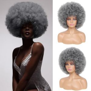 JSDshine Perruque afro - Perruque afro douce des années 70 pour femme - Gris - Cheveux bouclés - Avec franges - Aspect naturel - Grande perruque afro bouclée pour homme - Perruque afro bouffante (THE BOG, neuf)