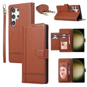 Beajew Coque Compatible avec Samsung Galaxy S23 Ultra avec Cordon, Flip Portefeuille &Eacute;tui en Cuir [6 Porte Carte] [Miroir] [Fermeture Magn&eacute;tique] Clapet Housse Etui &agrave; Rabat - Brun (KSTFMY, neuf)