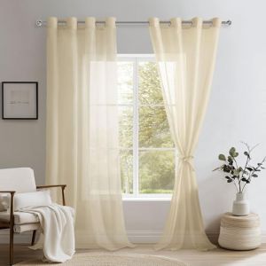 DWCN Lot de 2 Rideaux Voilages à Oeillets pour Fenêtre, Rideau Transparents avec Embrasses pour Salon Chambre d'enfant, Beige, 132x240cm (Largeur x Hauteur) (DWCN EU, neuf)