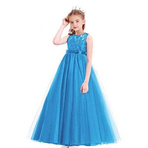 MYRISAM Filles Pageant Robe de Princesse en Dentelle sans Manches Robe de Mariage Soir&eacute;e Carnaval Communion Anniversaire C&eacute;r&eacute;monie No&euml;l F&ecirc;te Longue Tulle Bal Bleu 13-14 Ans (MYRISAM store, neuf)