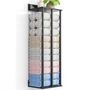 WeGXY Porte-Serviettes Mural Grande Capacit&eacute; avec &Eacute;tag&egrave;re en Bois - Deco Salle de Bain - Rangement Salle de Bain Solide et &Eacute;l&eacute;gant - &Eacute;tag&egrave;re Murale pour Serviettes, Gel Douche et Accessoires (Noir) (XYtrading-, neuf)