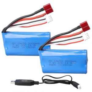 MXJFYY Lot de 2 Batteries Rechargeables Li-ION 7,4 V 2000 mAh 14,8 Wh 2S 20 C avec connecteur Femelle en T avec Chargeur USB pour Voiture Tout-Terrain RC, Camion, Cavalier, truggy, Avion, h&eacute;licopt&egrave;re (TRENTINO, neuf)