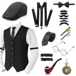Ensemble d'accessoires pour homme des ann&eacute;es 1920 - Costume de carnaval mafia pour homme - Avec chapeau Panama, bretelles r&eacute;glables, cravate, lunettes - Costume Peaky Blinders - Costume Gatsby. (chaowu-EU, neuf)