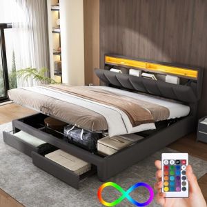 Lit 160x200 avec Sommier LED et LED et Tete de Lit Réglable, Lit Coffre 160x200 avec Rangement et Tiroirs, Lit Double avec à Lattes Lit 2 Personnes, Lit Capitonné Cadre de Lit 160x200(Sans Matelas) (ALINLINQI, neuf)