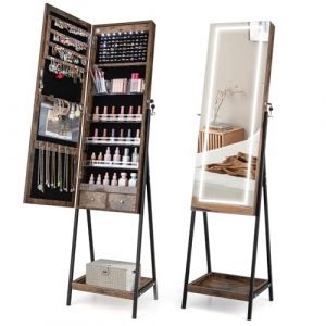 GOPLUS Armoire a Bijoux avec Miroir, 2 en 1 Armoire &agrave; Bijoux sur Pied avec LED 3 Couleurs, Intelligent Tactile, Organisateur de Bijoux Verrouillable avec Grand Rangement 2 Tiroirs 1 Plateau, Brun (Augenstern24, neuf)